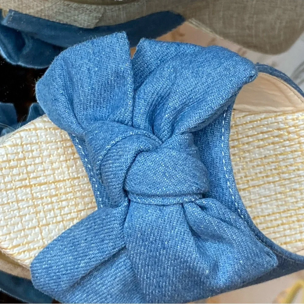 Espadrille Wedge Slide Sandals | Denim Bow | Size 9